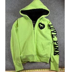 PINK Victorias Secret Hoodie Womens Large Neon Green Sherpa Lined Sweatshirt